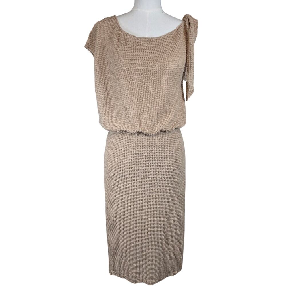 NWT L Cupshe Tan‎ Waffle-Knit Dress w/Shoulder Tie, Cap Sleeve & Skirt-Lining